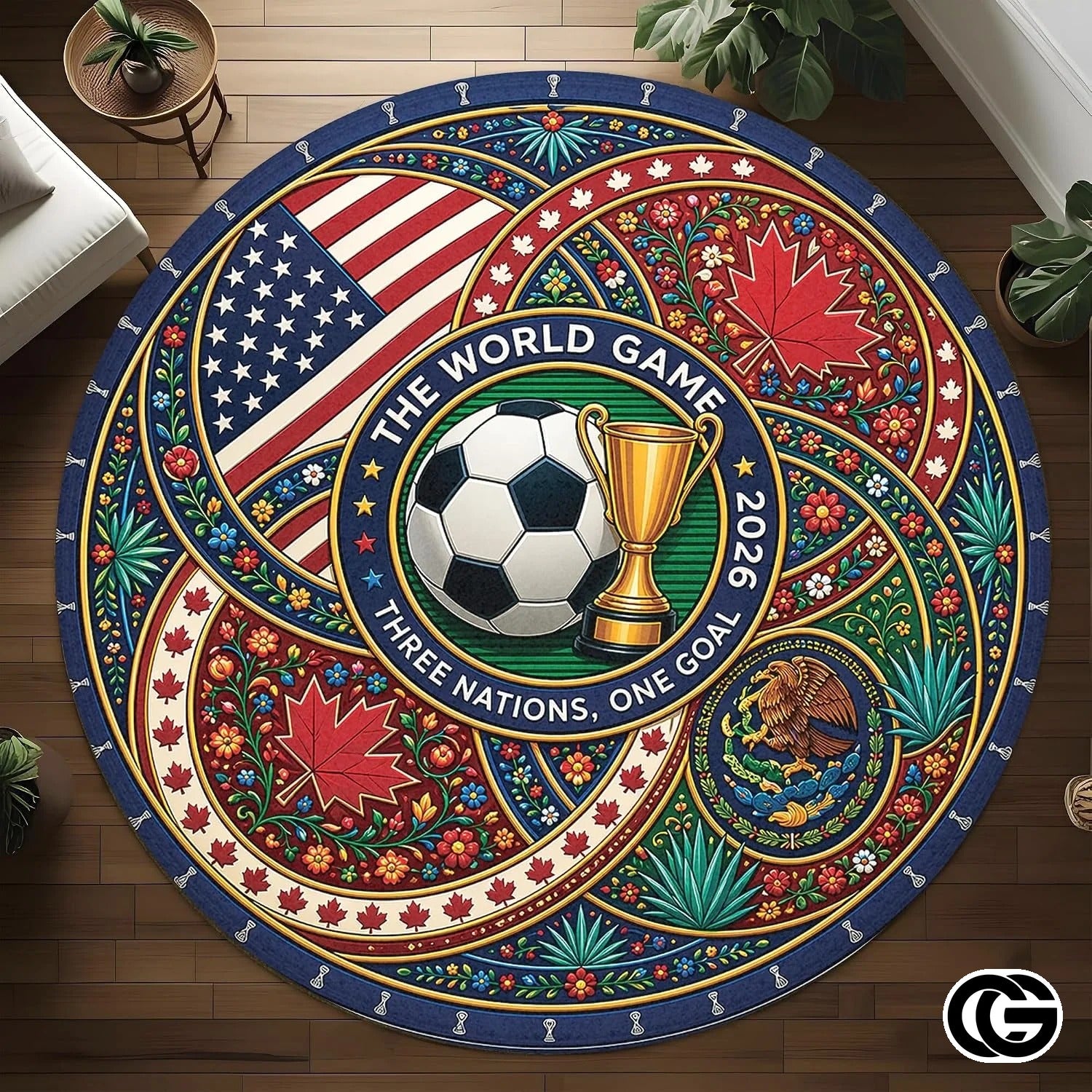 Custom Soccer 2026 Round Rug with Trophy and Flag Design