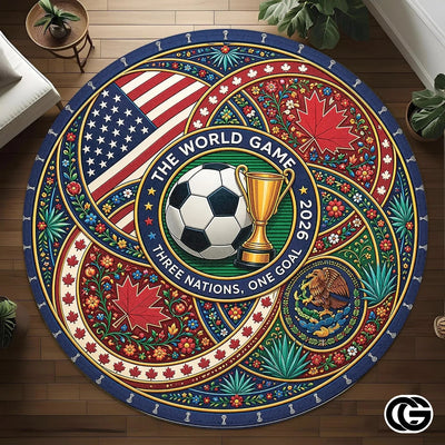 Custom Soccer 2026 Round Rug with Trophy and Flag Design
