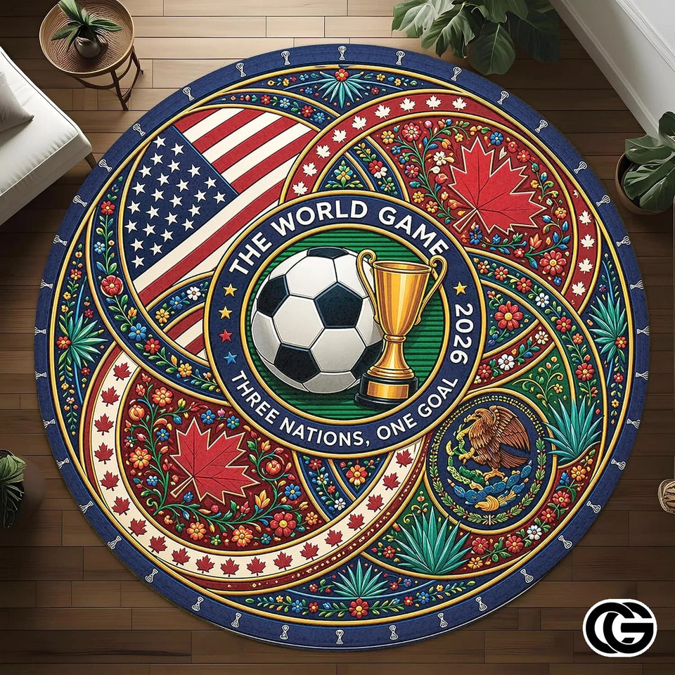 Custom Soccer 2026 Round Rug with Trophy and Flag Design