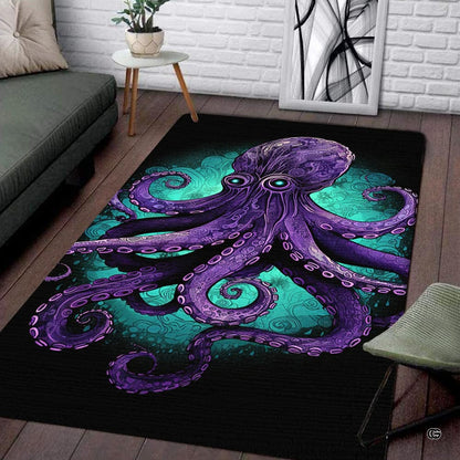 Psychedelic purple kraken octopus ocean rectangular area rug on black background. - thumbnail image 1 of 8