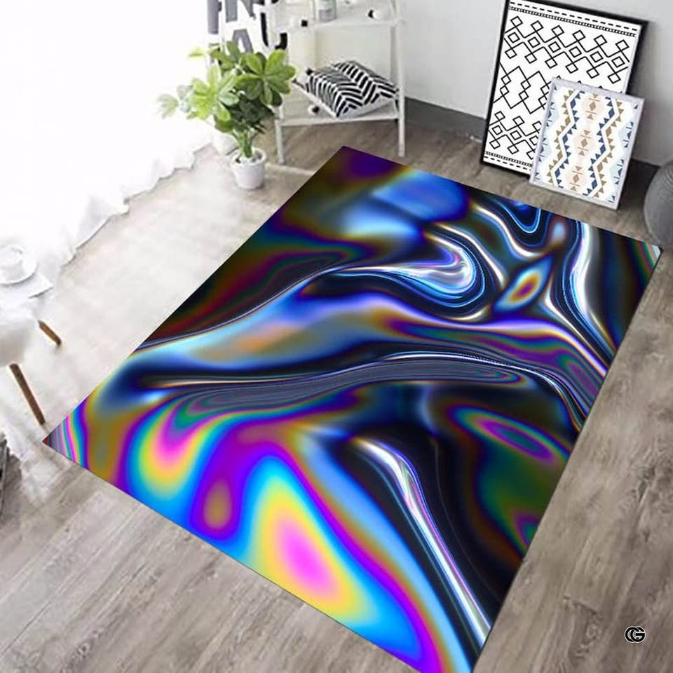 Living room setting featuring a rectangular holographic liquid wave chromatic area rug on light wood floor.