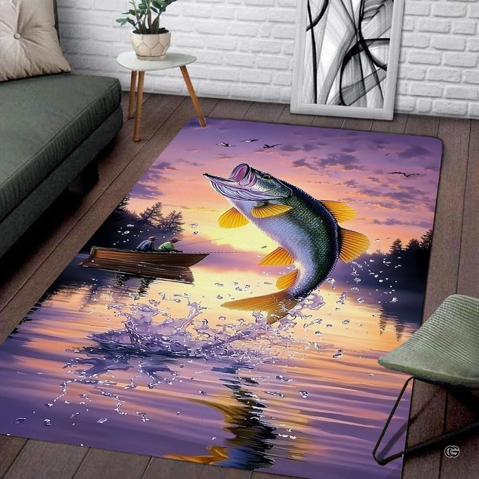 Sunset lake bass fishing area rug showing leaping largemouth bass and fishermen in boat at dusk.