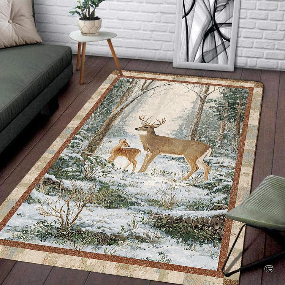 Winter deer wildlife area rug featuring a stag and fawn in snowy woods