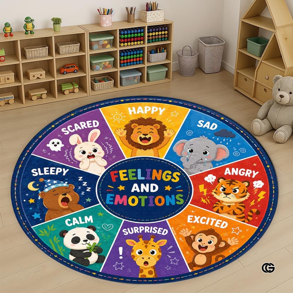 Wheel of Feelings and Emotions Round Rug, Educational Mental Health Rug for Classroom, Educational Animal Shape School Mat, Back to School Gift (Feeling 3)