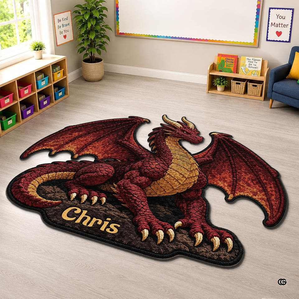 Red winged dragon shaped rug in a classroom