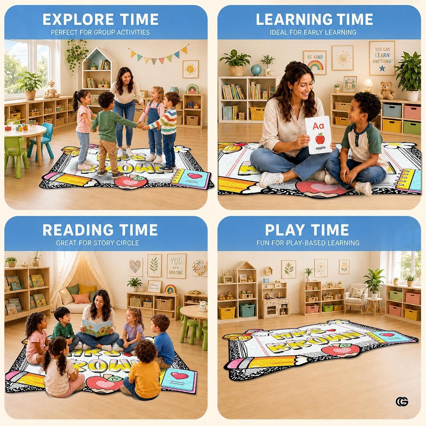 Personalized Composition Notebook Classroom Shaped Rugs for Kids (A05) | Custom Pennant Flag Carpet for Reading Corner, Non-Slip Apple Shape Rug Mat, Classroom Decor, Back To School Gift