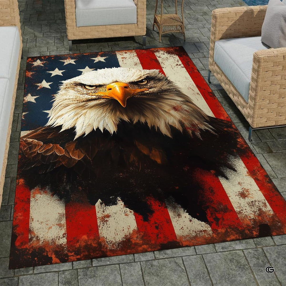 Patriotic bald eagle American flag living room area rug with distressed stars and stripes - image 1 of 7