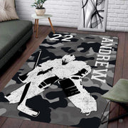 Urban camo hockey goalie living room area rug with grayscale camouflage pattern - thumbnail image 1 of 7