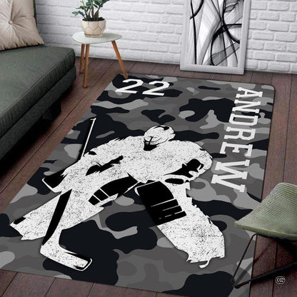 Urban camo hockey goalie living room area rug with grayscale camouflage pattern - thumbnail image 1 of 7