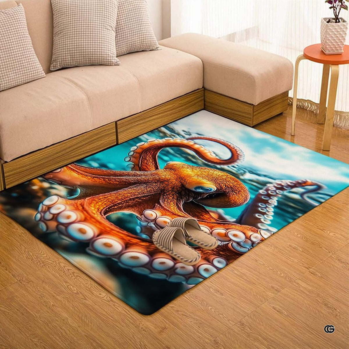 Soft low-pile microfiber surface texture on realistic octopus marine area rug