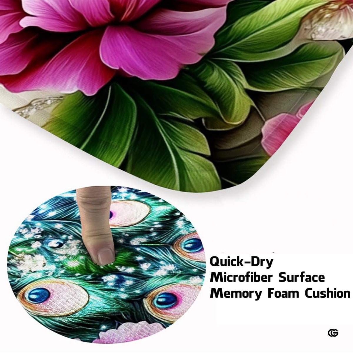 Close-up view of the soft microfiber surface, sparkling peacock feathers, and pink peonies