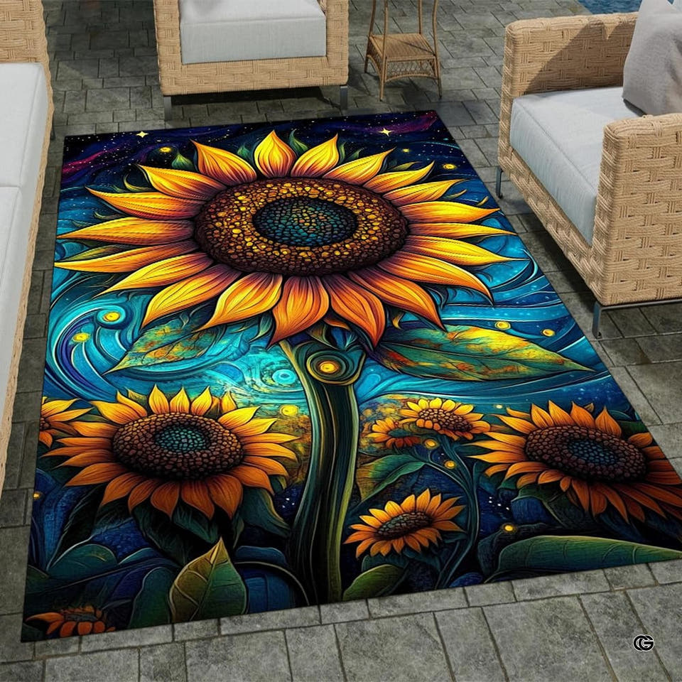 Stone patio setting featuring a starry night sunflower botanical floral area rug