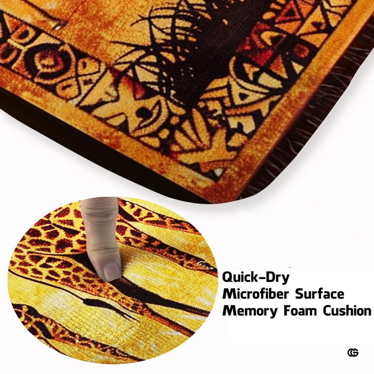 Infographic showing anti-slip dotted backing and stain resistance features