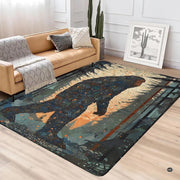 Modern lounge interior with leather couch and cactus featuring mosaic sasquatch woodland rug - thumbnail image 2 of 5