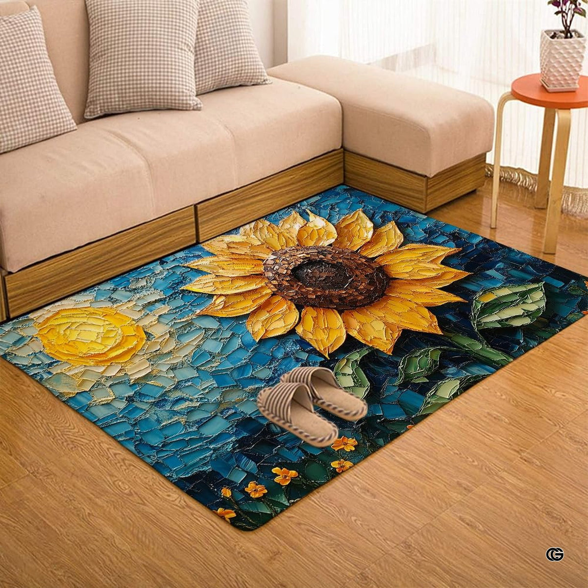 Mosaic sunflower area rug styled on light wood floor in modern living room setting. - image 4 of 8