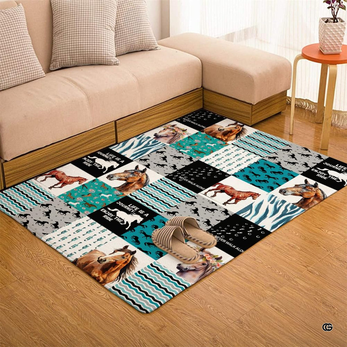 Full view of western horse area rug displaying galloping mustang silhouettes and rustic tribal motifs. - image 7 of 7