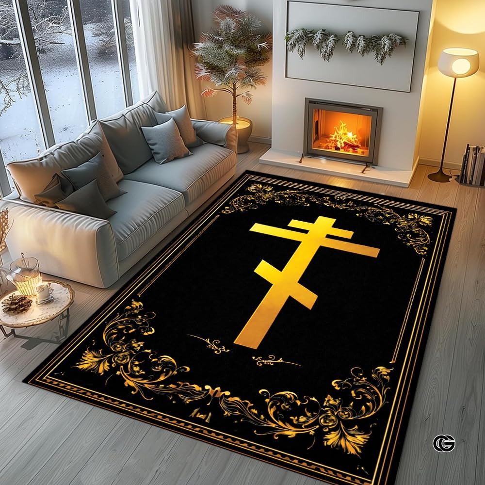 Personalized Orthodox Christian Area Rug, Custom Eastern Orthodox Russian Greek Byzantine Non-Slip Rug for Women Men, IC XC Nika Cross Mat for Living Room, Bedroom, Church Decor (D3)