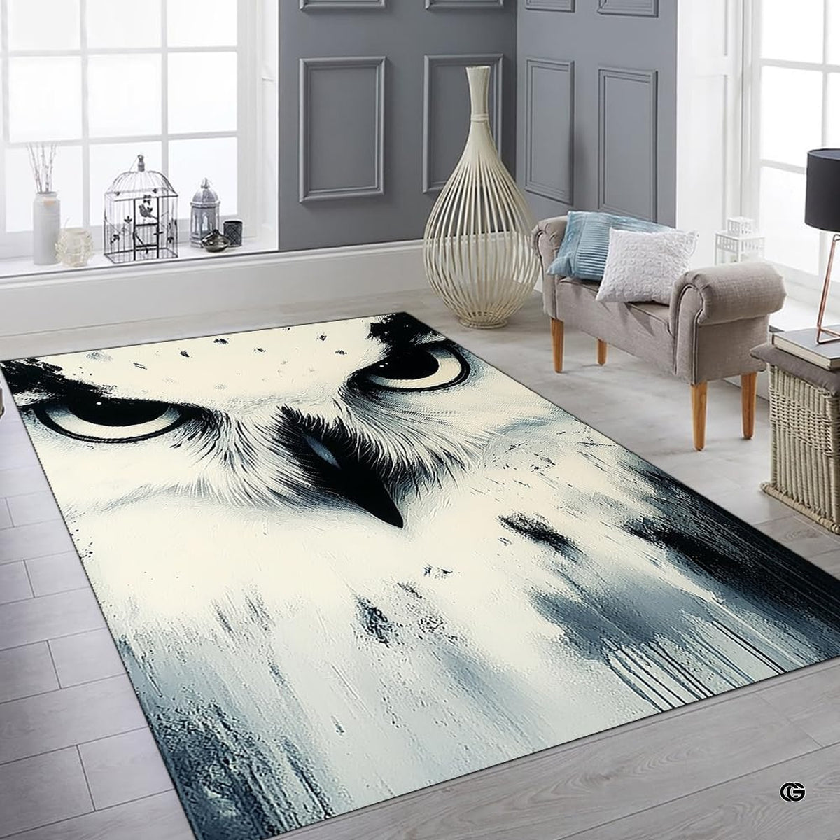 Overhead flat view of rectangular snowy owl wildlife area rug
