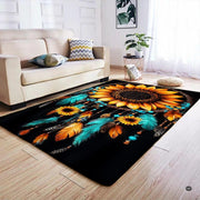 Bohemian sunflower floor rug styled beneath modern living room furniture as an artistic focal piece. - thumbnail image 4 of 7