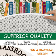 Close-up detail of illustrated book spines, floral stems, and bright red apple artwork on an area rug. - thumbnail image 4 of 7