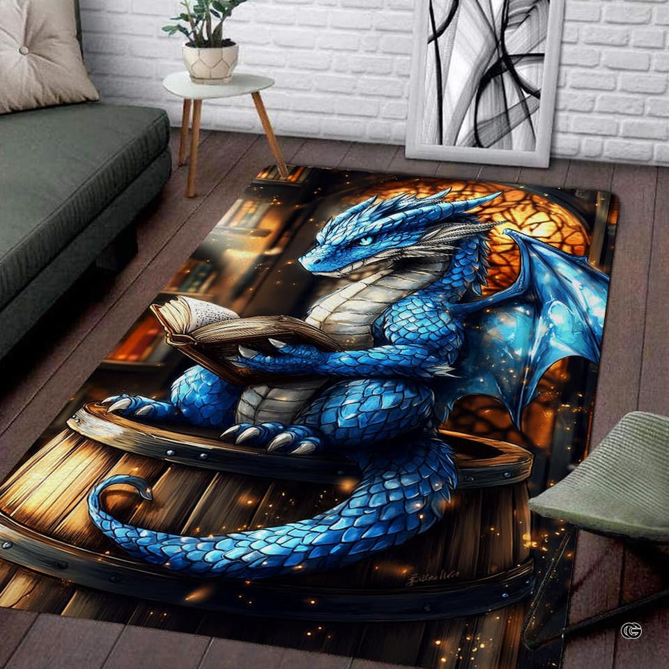 Vibrant blue dragon reading an open book in a library setting on a fantasy book area rug.