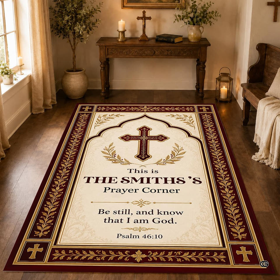 Devotional area rug with arched gold motifs burgundy borders on wood floor
