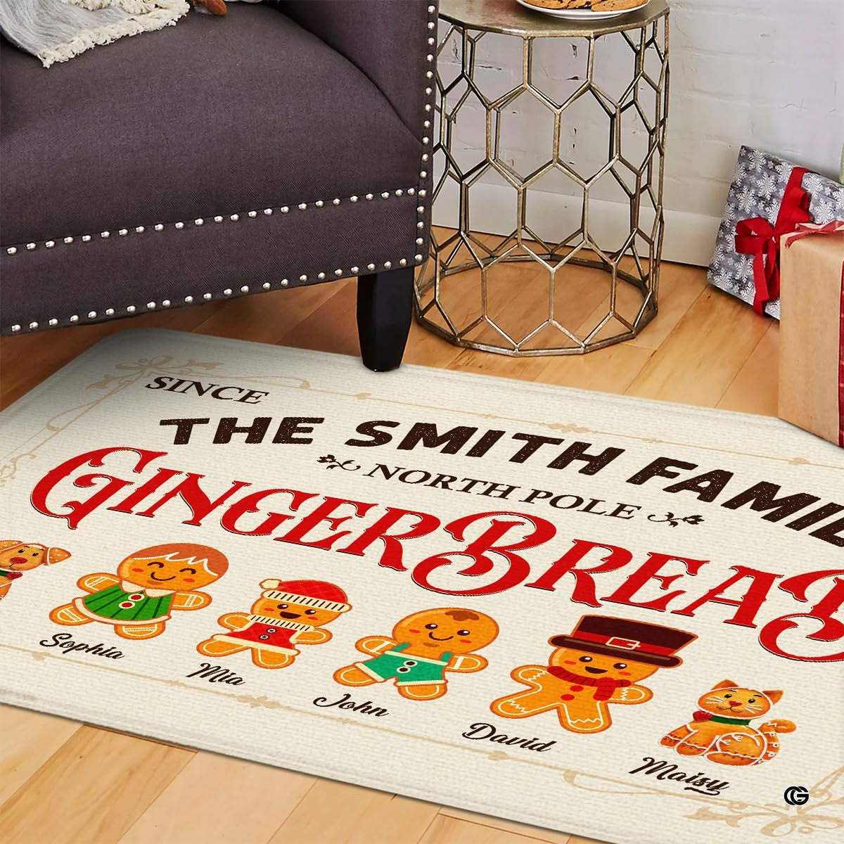 Seasonal living space decorated with festive gingerbread scene rug for Christmas vacation areas. - image 6 of 9
