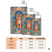 Dimensions and sizing chart for royal blue floral tapestry seated tiger area rug - thumbnail image 2 of 8