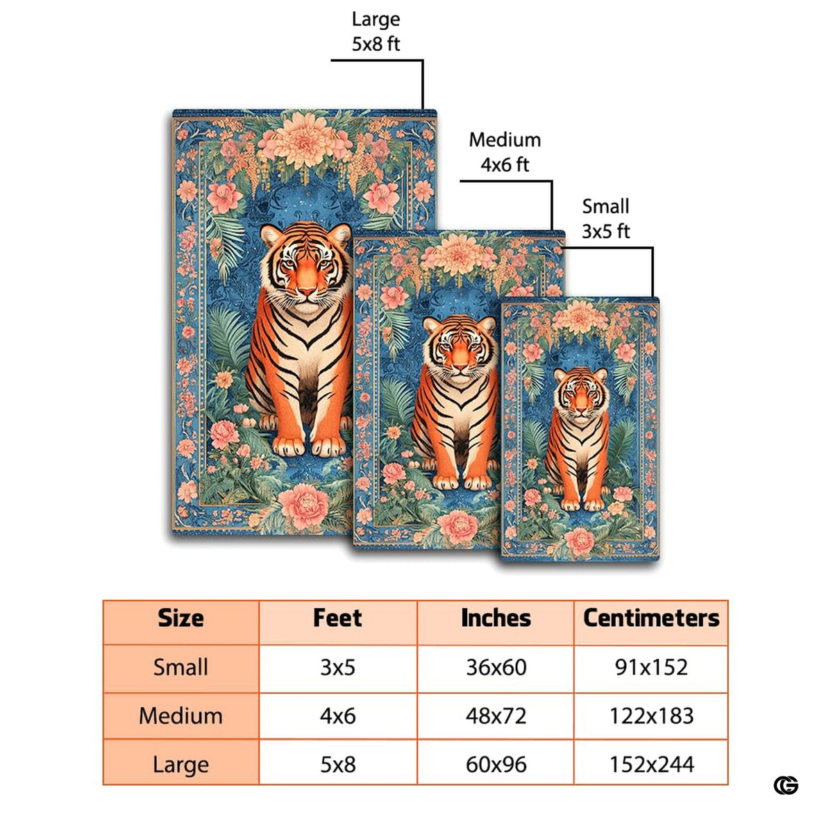 Dimensions and sizing chart for royal blue floral tapestry seated tiger area rug - image 2 of 8