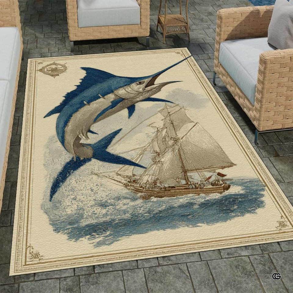 Vintage marlin fish rug showing leaping blue billfish and antique tall ship over stormy waves.