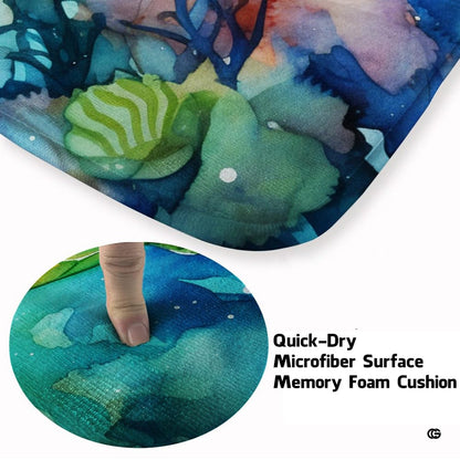 Artistic aquatic floor piece with emerald green sea turtle swimming past lush marine plant details. - thumbnail image 3 of 7