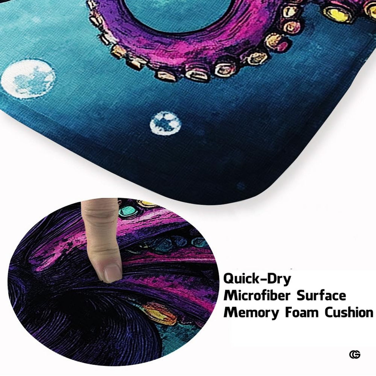 Top-down overhead view of rectangular vivid purple octopus ocean living room area rug