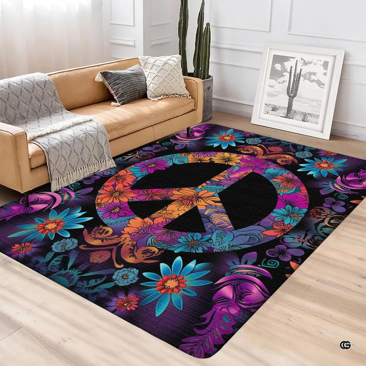 Floral peace sign boho area rug styled on hardwood flooring in living room.