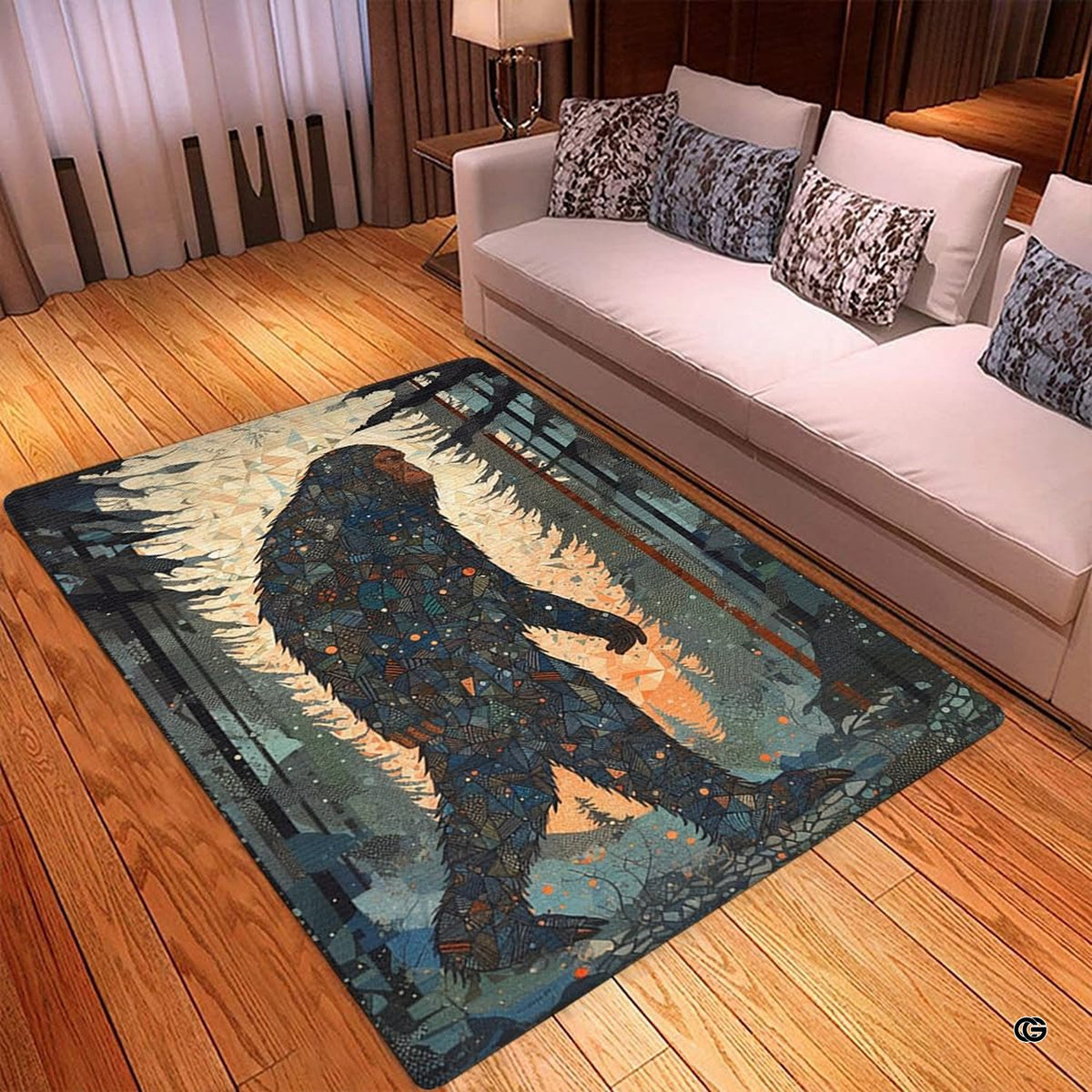 Spacious living room sectional couch setup displaying stained glass bigfoot geometric rustic area rug