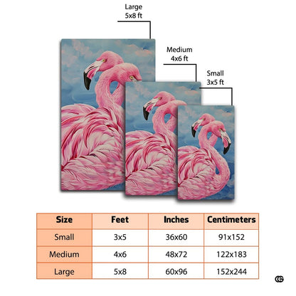 Dimensions and sizing chart for romantic pink flamingo pair blue water area rug - thumbnail image 2 of 7
