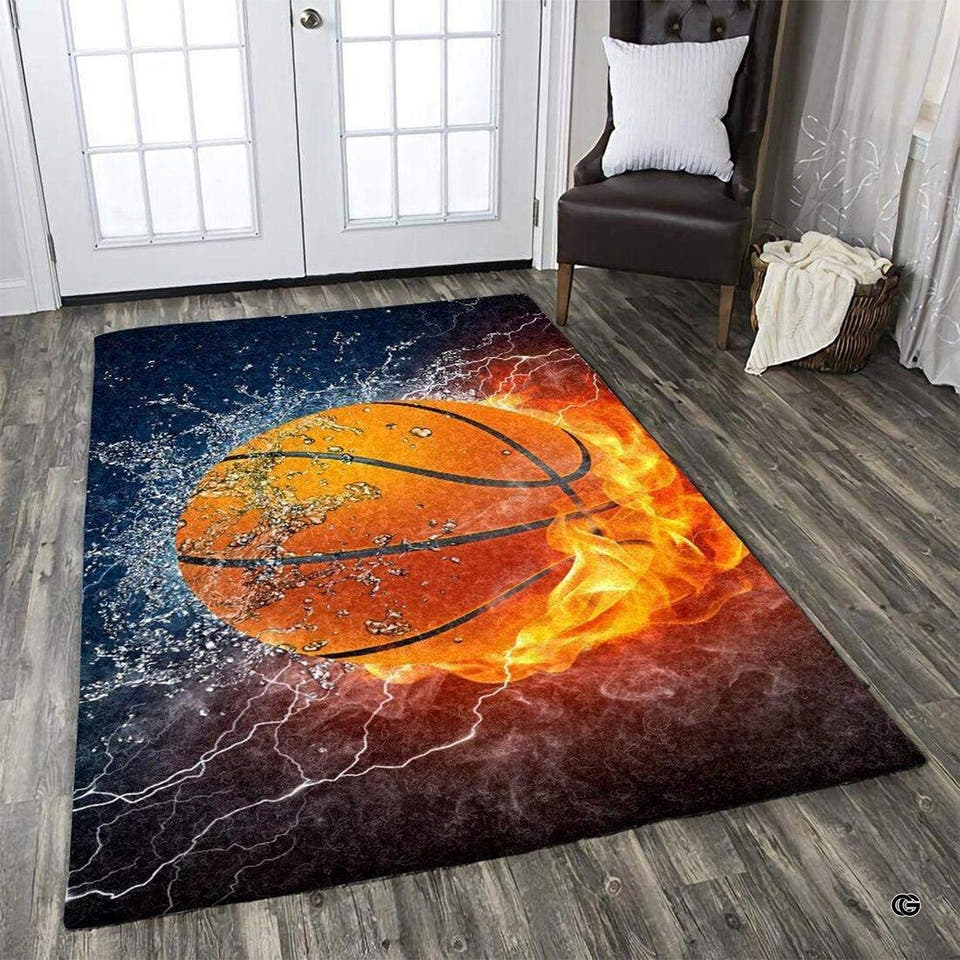 Fire and ice basketball sports bedroom rug displayed flat showing blazing flames and blue water splashes.