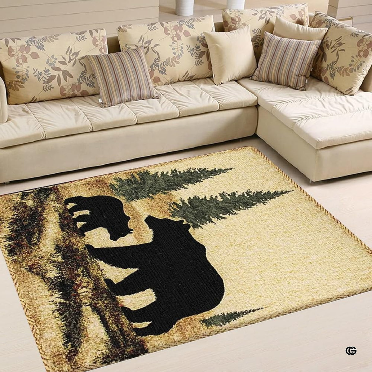 Woodland cabin pine tree scenery printed across a rustic beige floor accent - image 2 of 5