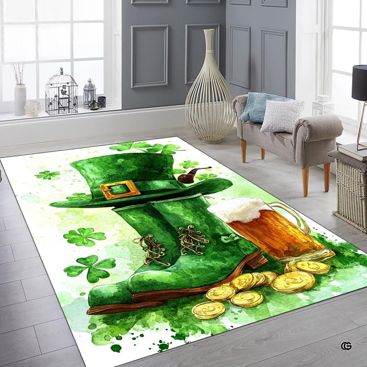 Bright contemporary sitting room interior showcasing the Irish pub art area rug