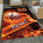 Dramatic perspective shot of flaming baseball bat illustration on sports area rug. - thumbnail image 7 of 7