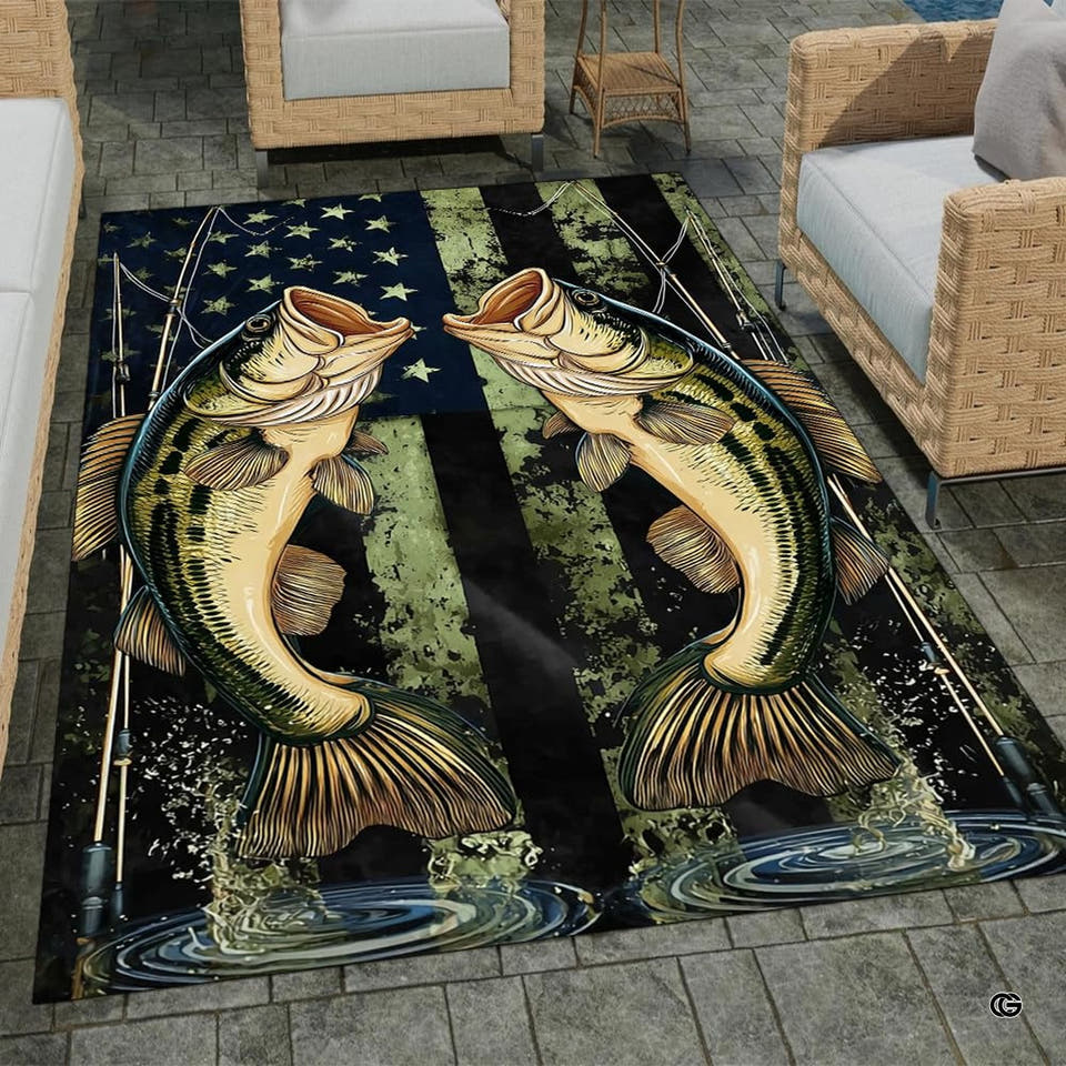 Twin bass patriotic camo flag fishing rods area rug on outdoor patio pavers