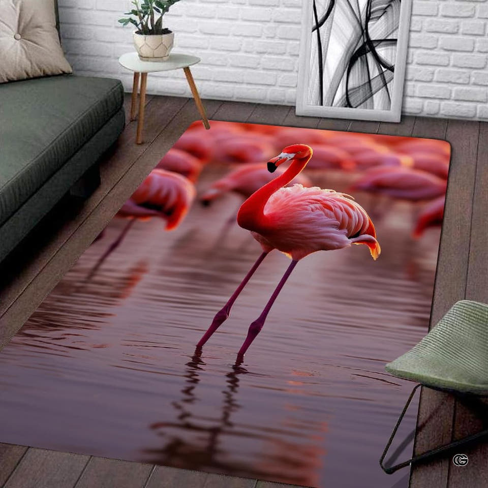 Wading pink flamingo lake sunset living room area rug with crimson water reflections