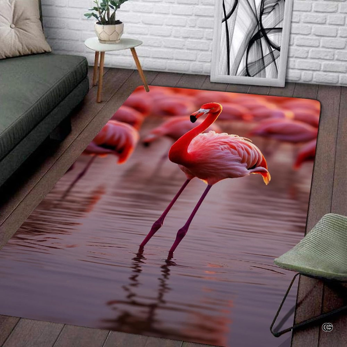 Wading pink flamingo lake sunset living room area rug with crimson water reflections