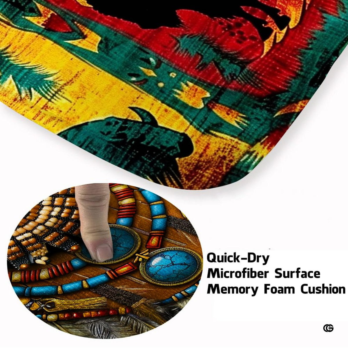 Floor mockup highlighting the tribal beaded owl rug beside sofa furnishings