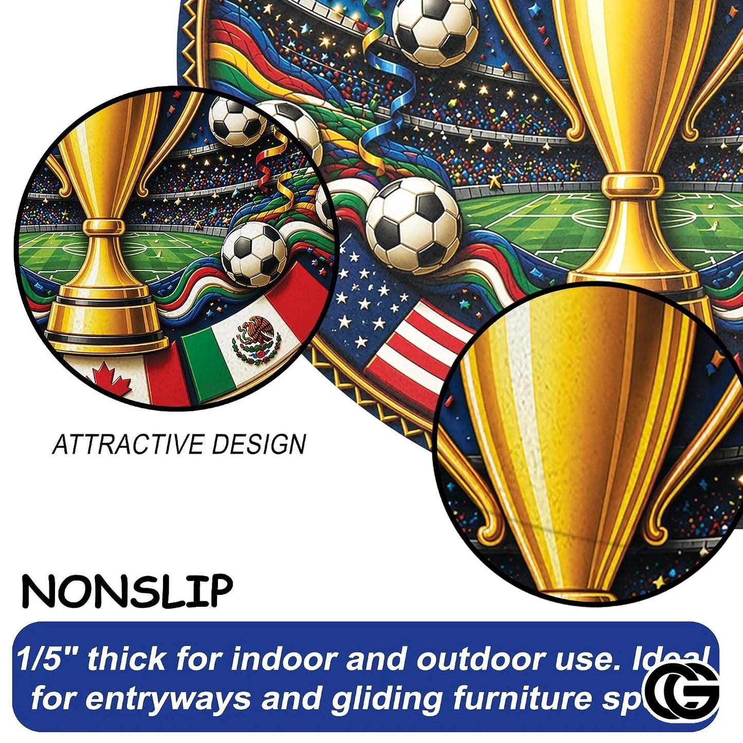 Custom Soccer Round Rug with Championship Trophy and World Flags - D7