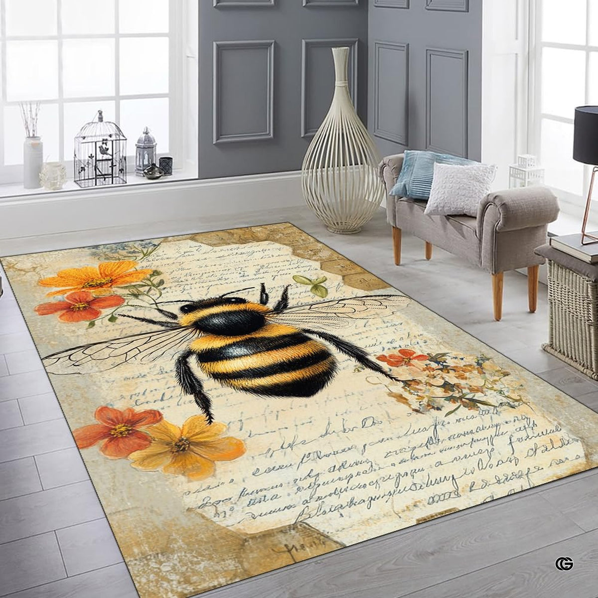 Overhead layout view of the rectangular antique botanical bee manuscript area rug