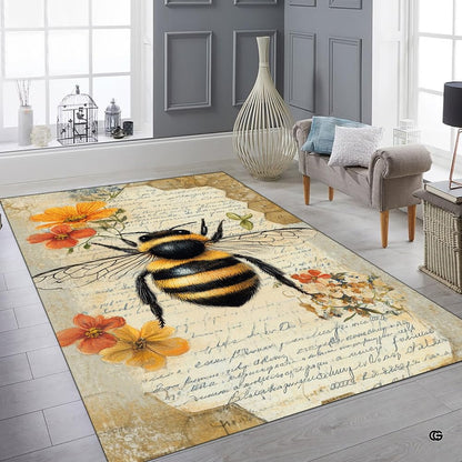 Overhead layout view of the rectangular antique botanical bee manuscript area rug - thumbnail image 7 of 8