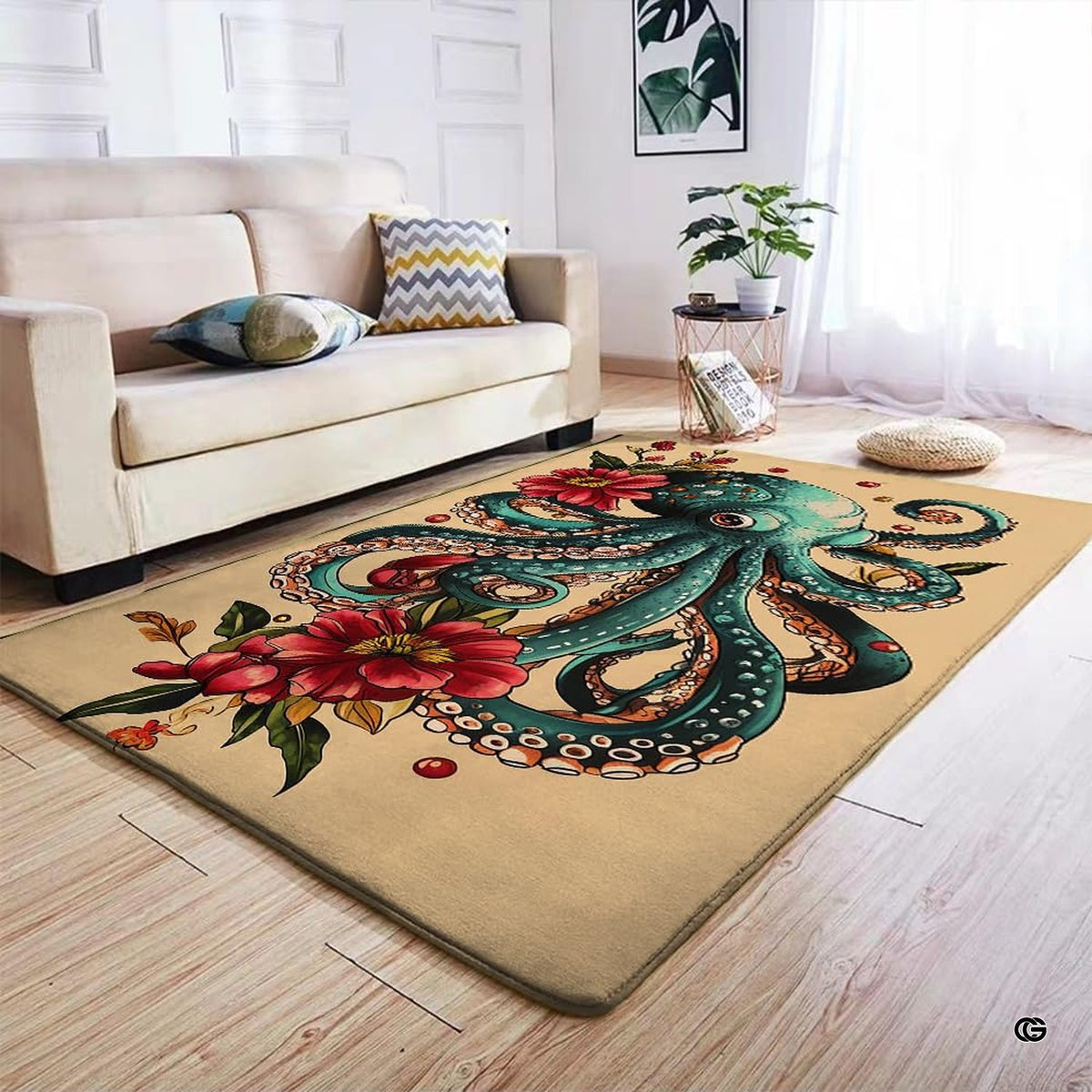 Lifestyle scene featuring family lounging on octopus floral area rug. - image 5 of 7