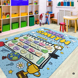 Playful area rug featuring school doodles, notebook affirmations, and rubber back area rug build in a bedroom