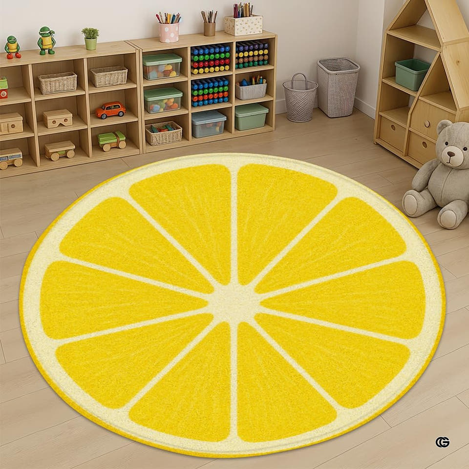 Round yellow lemon slice rug in a bright nursery