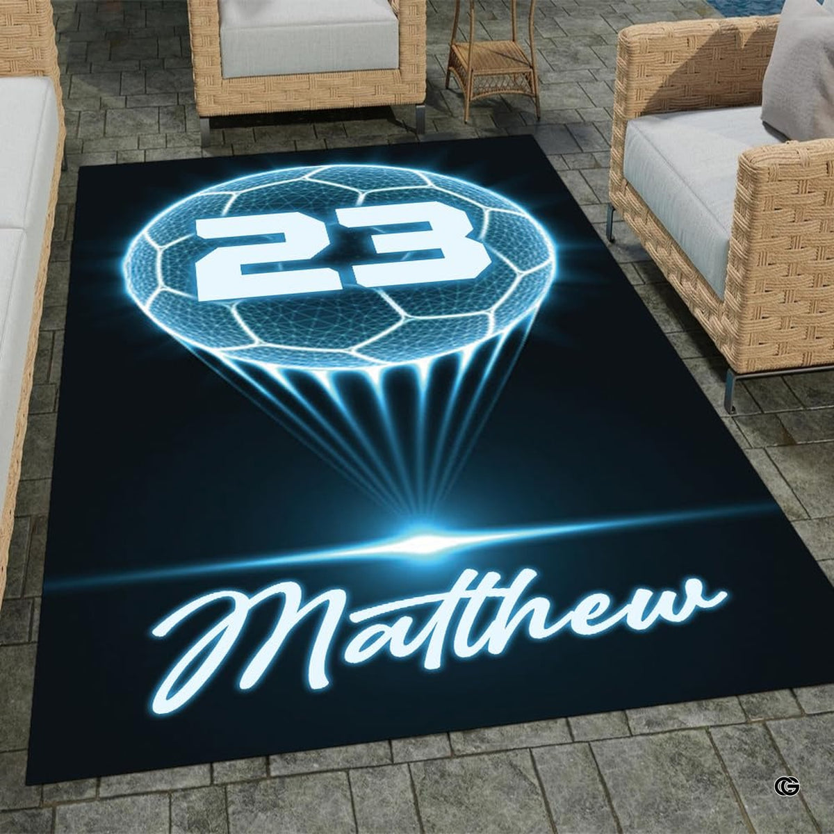 Detailed view of the premium edge stitching and high-contrast glowing graphic on microfiber